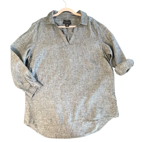 TAHARI 100% Linen Top Blouse Sz 1X Popover Hi-lo Hem V-Neck Boho Blue Lagenlook - Picture 3 of 11